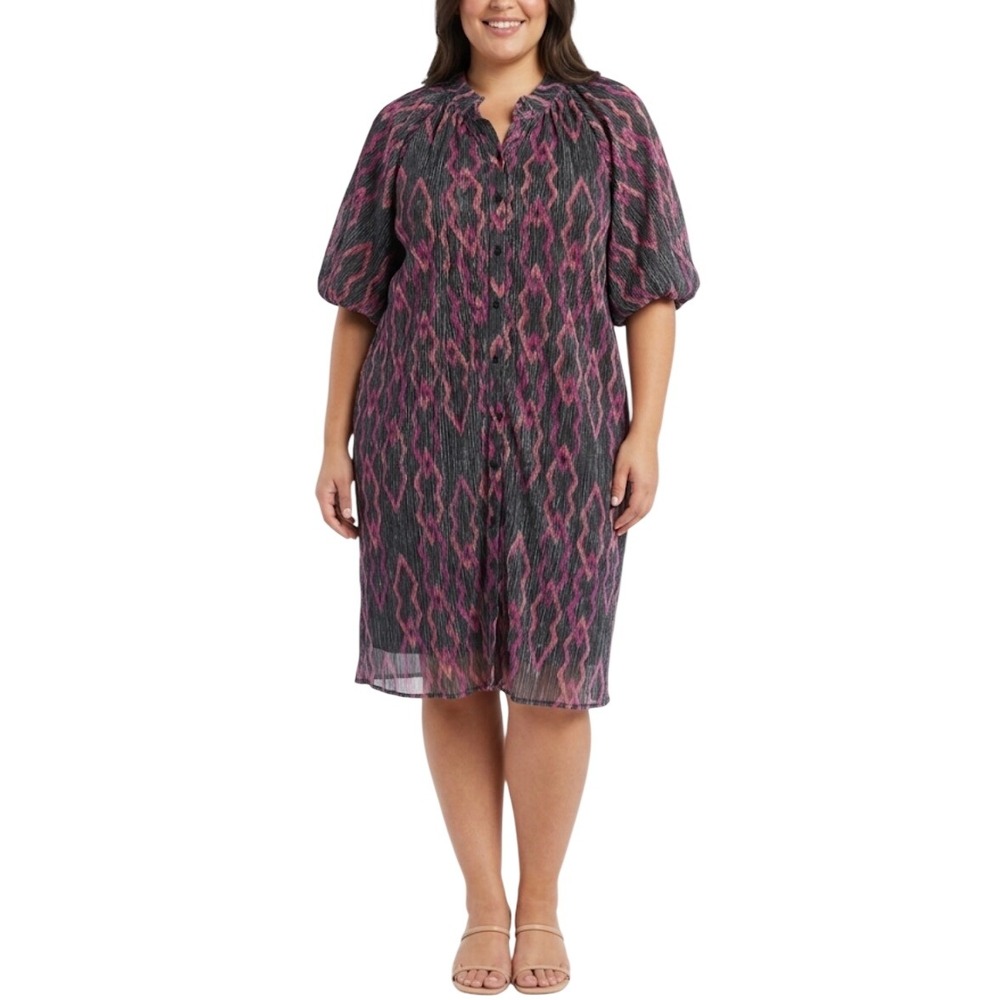 Ciebon Plisse Button Front Puff Sleeve‎ Ikat Dress Pink Purple Black Size 1X NEW